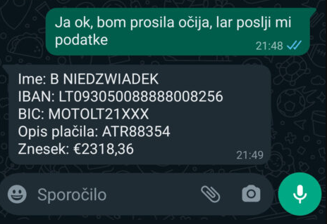 Podatki za nakazilo razkrivajo, da bi bilo plačilo izvedeno na račun v tujini, v konkretnem primeru v Litvi. Foto: Varni na internetu | Foto: 